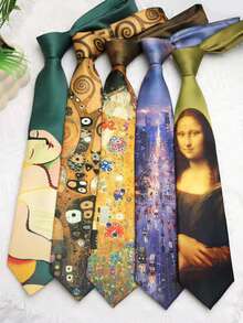 1 pieza Corbata unisex versátil con estampado de pintura al óleo de moda, adecuada para uso casual, personalizado, estilo callejero, uso diario - Multicolor - Ver 7
