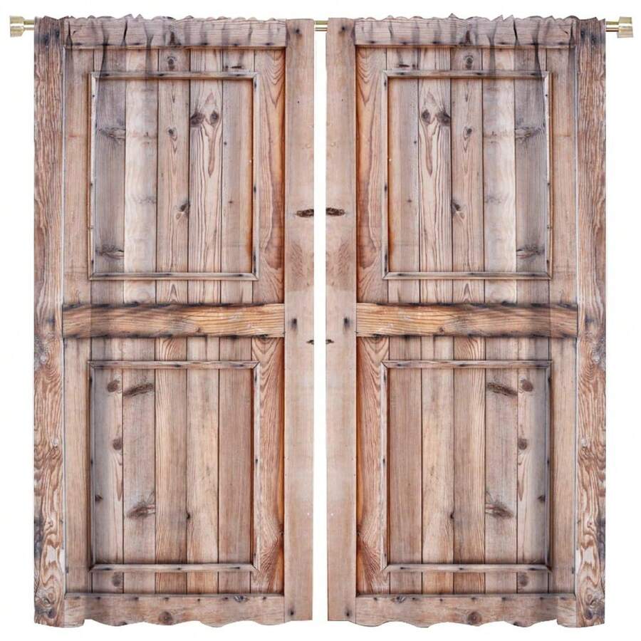 2Pcs Rustic Country Kitchen Curtains, Retro Farmhouse Vintage Barn Door Wooden Board Pattern Curtains For Kitchen Bathroom 28x40in - 5 - 查看 1