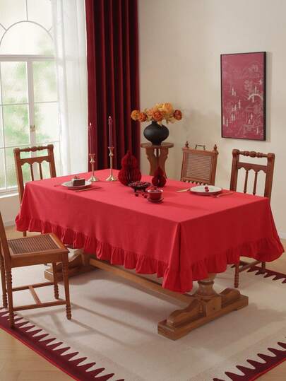 1pc Large Red Lotus Flower Edged Rectangular Tablecloth, Suitable For New Year's Eve Dinner, Housewarming, Outdoor Wedding, Family Birthday Party, Kitchen, Dining Room, Bedroom And Other Dining Table Decor