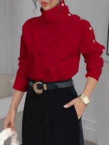 Camisa casual de manga larga con diseño de botones y cuello asimétrico para mujer, primavera - Rojo - Ver 8