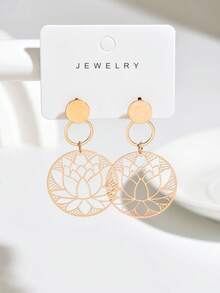 1 Pair Women Elegant Geometric Lotus Hollow Metal Earrings, Suitable For Daily Wear - Gold - View 3