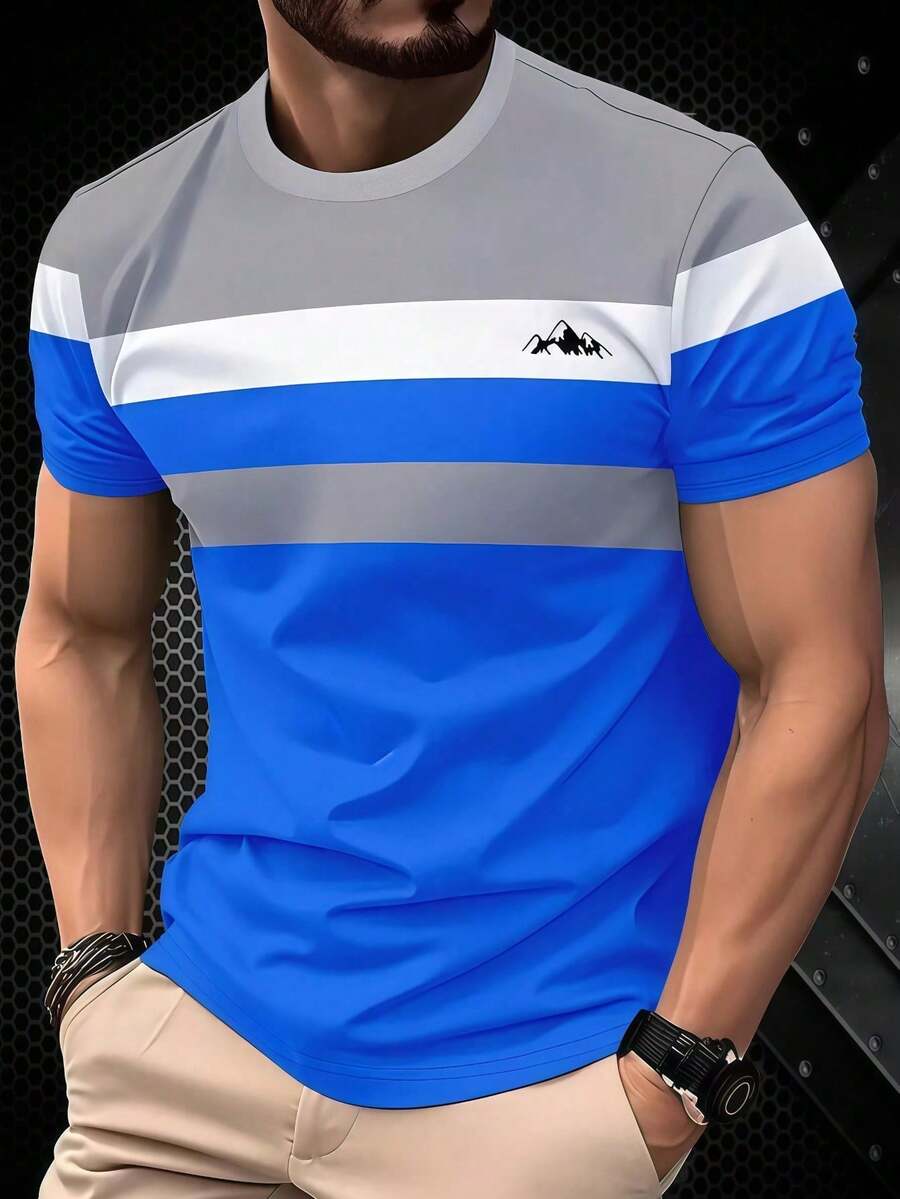 KOVSEE Camiseta masculina de manga curta com estampa simples em contraste, ideal para esportes ao ar livre, uso casual diário, corrida, basquete, futebol, respirável e de secagem rápida. Peça única. Ótima opção de presente para namorado no verão. - Azul - Ver 1
