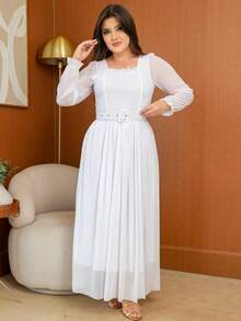 Long Tulle Dress, Plain Fabric, With Belt, For Weddings Or Holidays. - 白色 - 查看 2