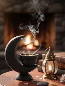 1pc/Set Creative Minimalist Resin Black & White Moon Shaped Incense Burner, Middle Eastern All-Season Home Air Purifier Incense Holder, Arabic Letter Incense/Ice Clip, Suitable For Yoga Studio, Massage Room, Meditation Room, Hair And Clothes, Office & Bedroom, All Seasons