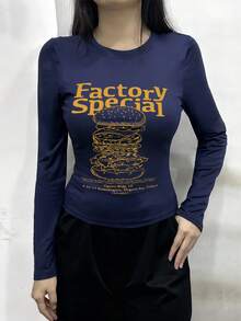 圆领长袖T恤，美式辣妹风格，新款汉堡图案和字母印花，女士短款修身上衣。 - 藏青 - 查看 2