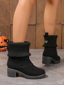 黑色褶裥靴筒，带搭扣，粗跟/中跟，圆头，套脚式，优雅百搭，通勤时尚女靴 - 黑色 - 查看 3