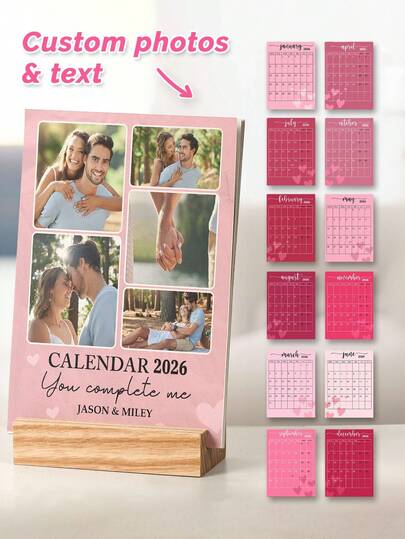 Anpassad kärlekskalender med fotoram och partema, personliga parfoton, rosa stil, träställ, kalender i albumstil, heminredningsföremål, skrivbordsprydnad, jubileumspresent, alla hjärtans dag-present