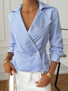 Women's New Fashion Vintage Elegant Casual Vacation Floral & Striped Long Sleeve V-Neck Shirt, Suitable For Office, Dinner, Date, Home - Blue - View 3