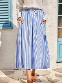 女士高腰系带半身裙，蓝白条纹带口袋半身裙，女士度假装扮，休闲/假日细节半身裙，夏季 - 藍白色 - 查看 5