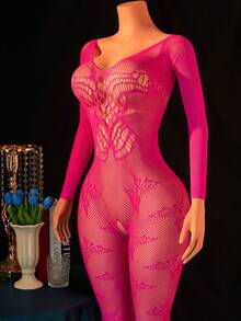 1pc Women Sexy Lingerie Fishnet Bodysuit, Mesh Lace Jacquard Body Stockings, Club Exotic Dancer Outfit - Rose Red - View 3