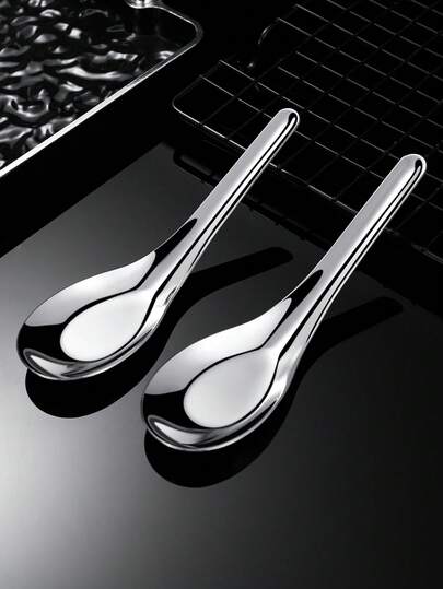 1pc Stainless Steel Thickened Spoon, New Chinese Style Deep Flat Bottom Spoon, Adult Dining Soup Spoon, Children Serving Spoon