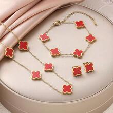 3pcs Stainless Steel Four-Leaf Clover Earrings, Necklace, Bracelet Jewelry Set, Gift For Girlfriend, Mother's Day, Best Friend - Gold - View 4