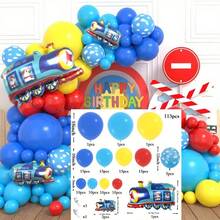 113pcs Train-Themed Balloon Arch Set, Includes Large And Small Train Foil Balloons, As Well As Latex Balloons In Dark Blue, Light Blue, Yellow, Red, And Blue Sky And White Clouds. It Is Suitable For Birthday Parties, Baby Showers, First Birthday Parties, And Cartoon Train-Themed Party Decorations. - Multicolor - View 6