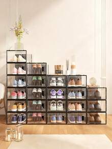 12 Pack XXL Shoe Organizer Storage Rack Clear Plastic Stackable Shoe Boxes For Closet, Space Saving Foldable Shoe Storage Case, Sneaker Storage Shoe Box Container - XXL Black - View 4