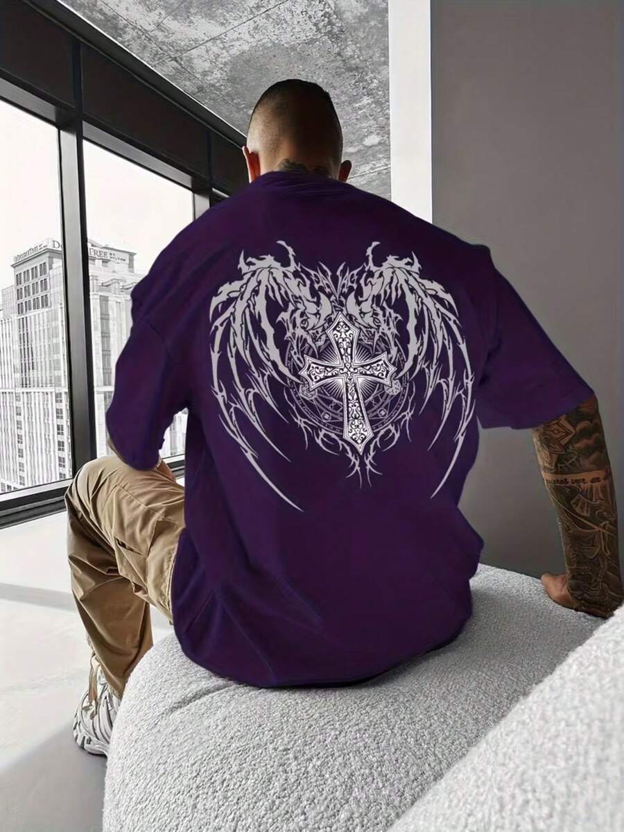 Gothic Cross Winged T-Shirt, Unisex Men's And Women's Blouse, 100% Cotton, Premium Top Streetwear, New Arrival, Immediate Shipping, Various Colors!! Plus Size - 紫色 - 查看 1