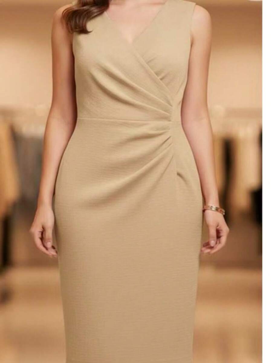 Classic Midi Dress - Duna Linen With Back Zipper, Wide Straps, Elegant Tie-Back Detail, Ruched Detail, Suitable For Formal And Evening Wear. - 米色 - 查看 1