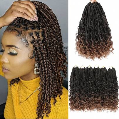 FULCRUM 12/14/18/24 Inch Goddess Boho Box Braids Crochet Hair Bohemian Box Braids With Curly Ends Synthetic Ombre Braiding Hair For Women & Girls
