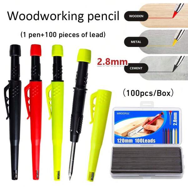 Bút chì bấm chuyên nghiệp chất lượng cao 5 màu, đầu bút màu đặc, ruột chì than chì 2.8mm 2B, thích hợp cho việc đánh dấu lỗ sâu trong chế biến gỗ (1 bút + 100 ruột chì)
