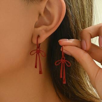 1 Pair Elegant Versatile Red Bow Ribbon Earrings, Suitable For Women's Daily Wear