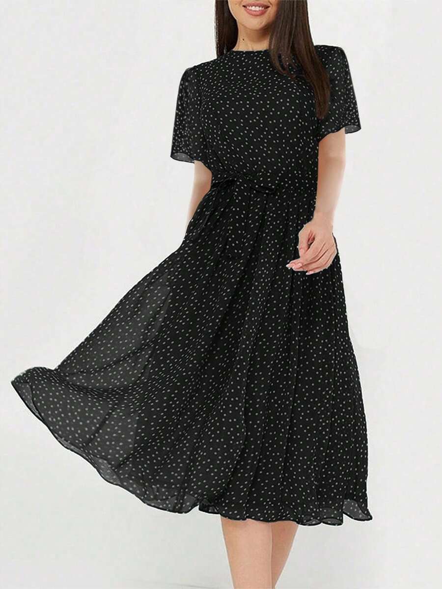 PoPoHouse 女士优雅气质圆领波点印花短袖收腰连衣裙，春夏连衣裙，女士度假装，黑色沙滩裙 - 黑色 - 查看 1