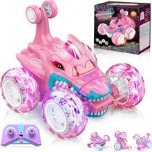 360°翻转遥控鲨鱼特技车玩具，男女皆宜，带LED灯和2.4GHz遥控器，粉色儿童车，生日、复活节、圣诞节的绝佳礼物 - 均碼 - 查看 3