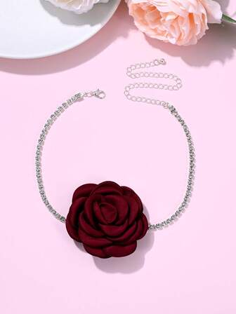  1pc Luxury Elegant Romantic Rose Rhinestone Necklace, Suitable For Women's Daily, Banquet, Wedding, Party Wear, Ideal Gift Choice For Valentine's Day, All Seasons