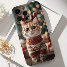 2026 nueva funda de teléfono esmerilada, funda de teléfono con estampado de gato navideño con gafas y suéter para iPhone 17 14 13 12 11 Pro Max Se  Galaxy S23 S22 S21 A54 A53 A52 A34 A33 A32 funda protectora regalo de pareja para él y ella presente de vacaciones - Blanco antiguo - Ver 6