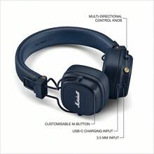 Tai nghe Bluetooth không dây Major V, sở hữu chất âm đặc trưng của Marshall, thời lượng pin 100 giờ, cấu trúc bền bỉ, thiết kế gập gọn, hỗ trợ sạc không dây, nhẹ và di động, phù hợp cho du lịch, tập thể dục, chơi game và nghe nhạc. - Màu xanh nửa đêm - Xem 6