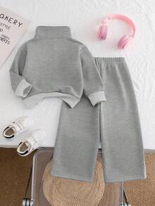 Chatreadl 2pcs Girls Unicorn Embroidery Solid Color Sweatshirt And Pants Set, Minimalist Design, Comfortable For Spring, Autumn And Winter - Light Grey - View 2