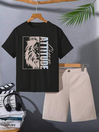 Set de 2 piezas con camiseta de manga corta con cuello redondo y estampado de letra de león y pantalones cortos casuales para niño pequeño