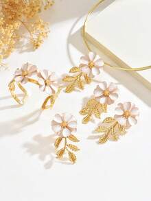 1 Set Of 5pcs Fashionable Bohemian Floral Metal Jewelry Set, Suitable For Women's Daily, Beach, Party, Banquet, Music Festival Wear - Beige - View 3