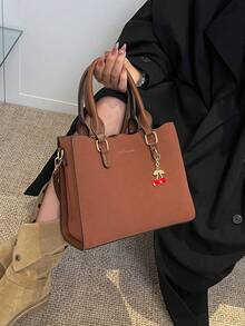 1个（10.2英寸*8.3英寸*4.7英寸）黑色时尚休闲多口袋商务通勤包，中号带吊坠包，休闲大容量女士手提包单肩包，多隔层通勤包，红色新娘手提包，单肩包 - 棕色 - 查看 2