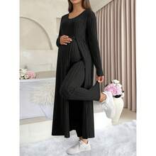 两件套孕妇休闲套装，黑色罗纹长袖V领开衩上衣搭配托腹裤，时尚舒适的孕期哺乳装，春季款 - 黑色 - 查看 11