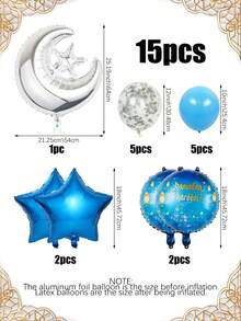 15 piezas Conjunto de globos azules de Ramadán, incluye globos de luna y estrella de Ramadán, globos de pentágono, globos de látex con confeti multicolor, adecuado para fiesta de Eid, celebración de vacaciones, decoración temática de Ramadán Kareem, Ramadán Mubarak, Eid Mubarak - Multicolor - Ver 3