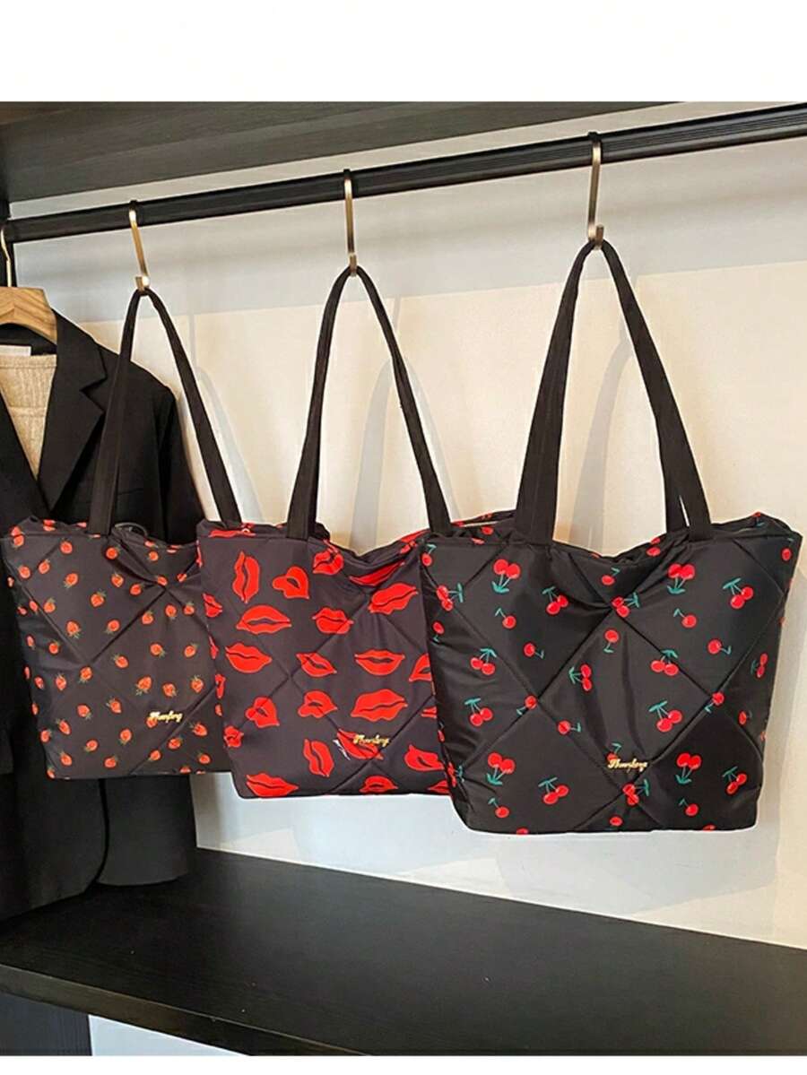 BAILEE 一款商务休闲套装，秋冬季新款，大容量，柔软可爱，可肩背或手提，拉链封口，嘴唇、草莓、樱桃印花撞色尼龙面料，女士手提包、托特包、单肩包、背包、通勤包，适合通勤、工作、购物、外出、聚会、送礼或节日场合、上学、度假。