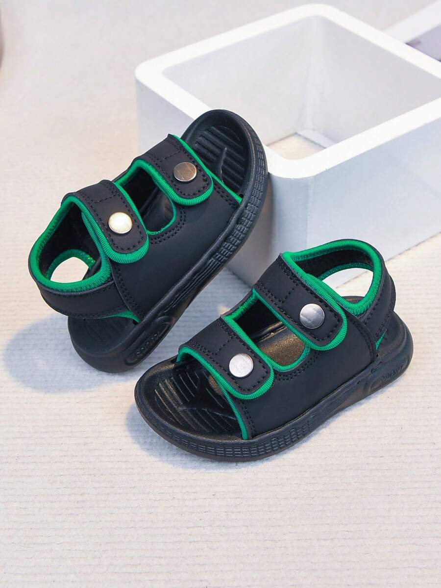 1 Pair Unisex New Style PU Hook And Loop Design Flat Cute Sandals, Soft Bottom Non-Slip Children Beach Shoes, Suitable For Summer - Black - View 1