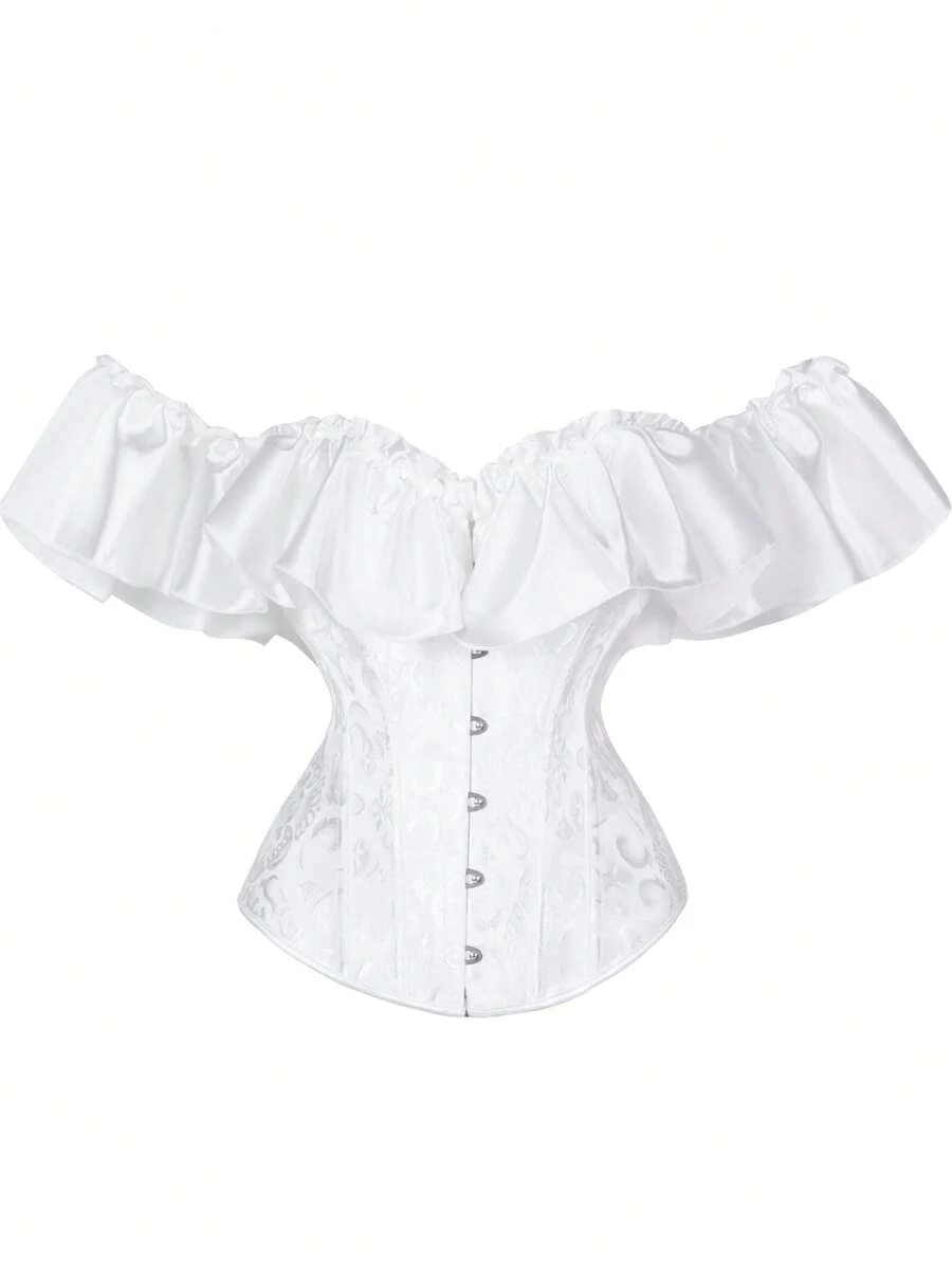New Satin Floral Ruffle Off Shoulder Corset Top With Tie Back, Waist Cinching Shapewear - White - View 1