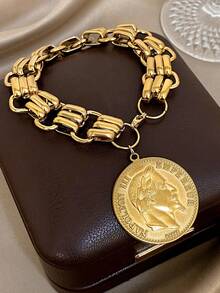 1件18K镀金不锈钢奢华复古拿破仑硬币粗链手链，女士适用，妈妈礼物，圣诞节嘉年华冬季珠宝，婚礼狂欢/舞会/派对/日常配饰，周年纪念日情人节波西米亚风珠宝生日伴娘礼物 - 彩色 - 查看 2