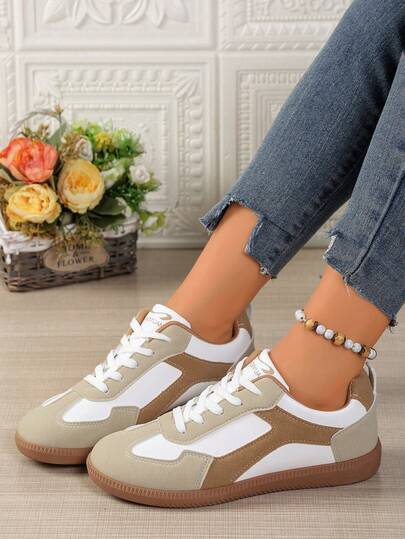 女士圆头系带时尚休闲运动鞋，舒适百搭，适合春秋季穿着