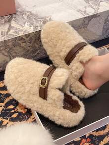 2025 Women's New Winter Viral Thick-Soled Closed-Toe Fluffy Black House Slippers For Outdoor Wear, New Autumn Buckle Plush Slouchy Slippers, Spring/Autumn Indoor Home Office Leopard Print Slippers - Beige - View 2