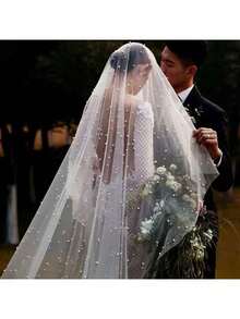 1pc New Bridal Pearl Veil Headpiece, Ethereal Mori Style Wedding Trailing Beaded Headpiece, Studio Photo Prop Valentine's Day Accessories - White - View 6