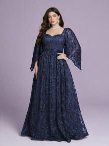 A High-End Evening Dress With A Square Collar, Embroidered Lace, Slanted Flared Sleeves And A Large Swing - Royal Blue - View 1