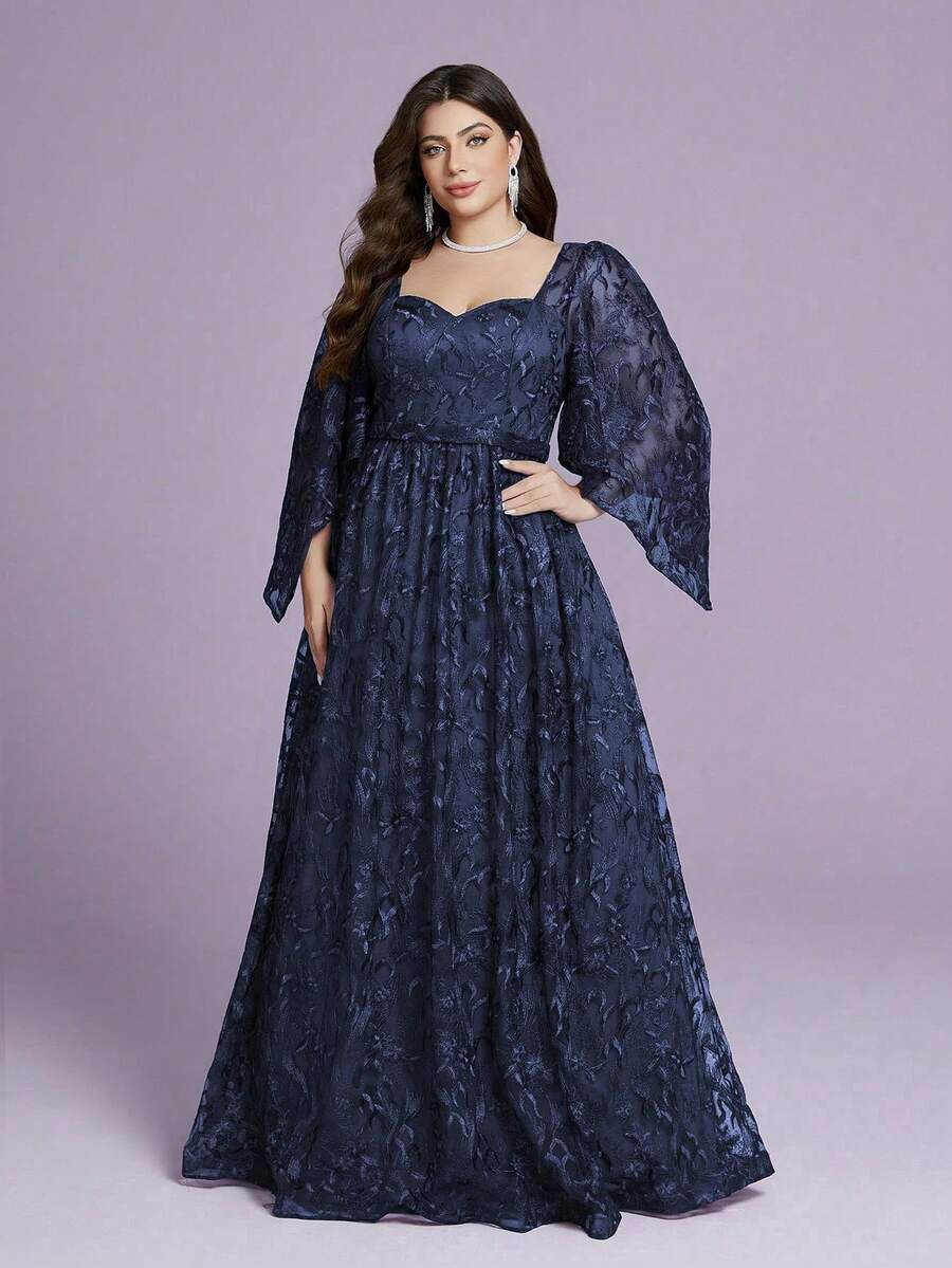 A High-End Evening Dress With A Square Collar, Embroidered Lace, Slanted Flared Sleeves And A Large Swing - Royal Blue - View 1