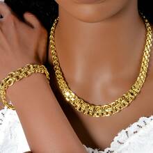 2pcs Set 18K Gold Plated Chunky Exaggerated Copper Necklace & Bracelet Sailor Button Jewelry Set, Suitable For Women's Daily Wear And Party Gifts - Gold 2 - View 3