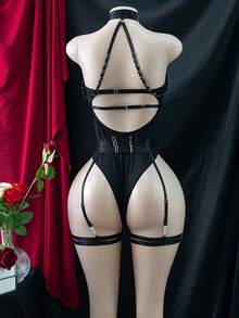 Women's Sexy Bodysuit, Valentine's Day Sexy Lingerie, Pajama Set, Valentine's Day Role-Playing Outfit, 1-Piece Slim-Fitting Strappy Black Sheer Bodysuit, Mesh Patchwork Hollow Out Backless Jumpsuit - 黑色 - 查看 2