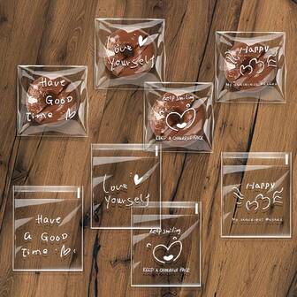 100pcs, Transparent Heart 4-In-1 Self-Adhesive Bag, Letter Pattern Packaging Bag, Perfect Choice For Small Gift Packaging, Party Gift Packaging Bag