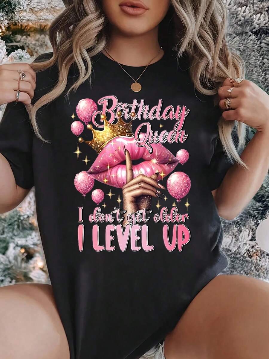 Women Round Neck T Shirt Birthday Queen Pink Lips Crown Balloons I Don't Get Older I Print Short Sleeve Casual Party Celebration Top - 黑色 - 查看 1