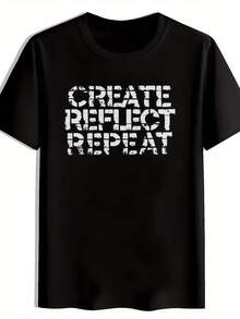 Camiseta gráfica vintage de banda de rock para hombres - Desgastada; CREAT REFLECT REPEAT; Impresión. Negro con letras blancas. Camiseta de poliéster ligera de cuello redondo y manga corta para el verano. Conciertos. Festivales; Ropa Casual. Camisetas de banda de rock. Ropa para fanáticos de la música. Tela transpirable. Camisa lavable a máquina - Negro - Ver 1