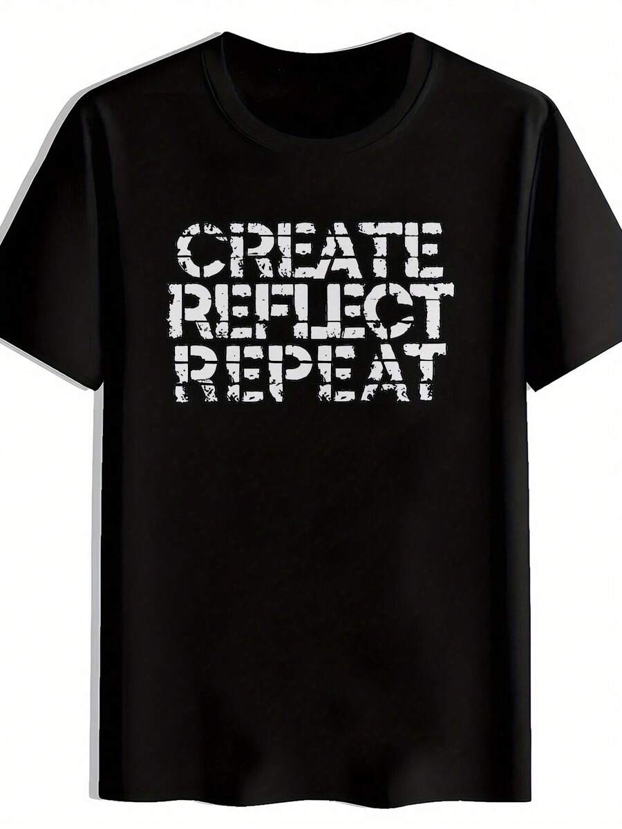 Camiseta gráfica vintage de banda de rock para hombres - Desgastada; CREAT REFLECT REPEAT; Impresión. Negro con letras blancas. Camiseta de poliéster ligera de cuello redondo y manga corta para el verano. Conciertos. Festivales; Ropa Casual. Camisetas de banda de rock. Ropa para fanáticos de la música. Tela transpirable. Camisa lavable a máquina - Negro - Ver 1