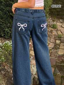 European And American Street Design Y2K Fashion Casual Bow Print Washed Plus Size Elastic Waistband Women's Straight Jeans